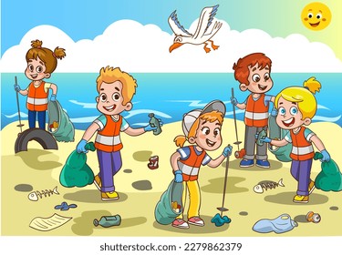 a group of kids cleaning up garbage on the beach.children cleaning the environment from garbage cartoon vector.