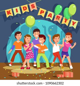 Group of kids dancing at a party event. Happy and cheerful teen children dancing together having fun in spotlights under a kids party banner sign. Flat style vector character illustration