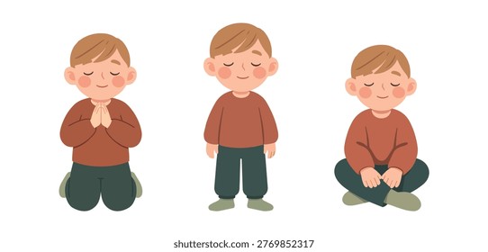 Group of kids with different outfits and poses in simple flat style warm color palette