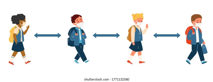 Group Of Kids Different Race In School Uniform In Protective Masks With Backpacks Walking Keeping Social Distance. Primary School Pupils During Coronavirus Pandemic. Flat Vector Illustration.