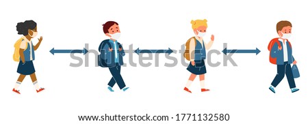 Group Of Kids Different Race In School Uniform In Protective Masks With Backpacks Walking Keeping Social Distance. Primary School Pupils During Coronavirus Pandemic. Flat Vector Illustration.