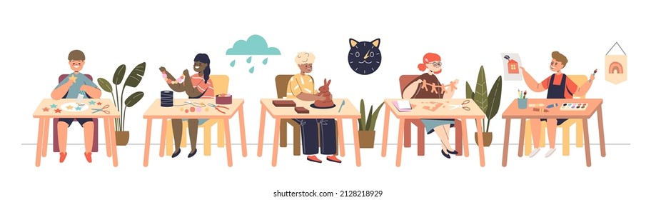 Group of kids doing craft at art classes: make applique, bracelets, figures from plasticine, draw together. Craft lessons and education concept. Cartoon flat vector illustration