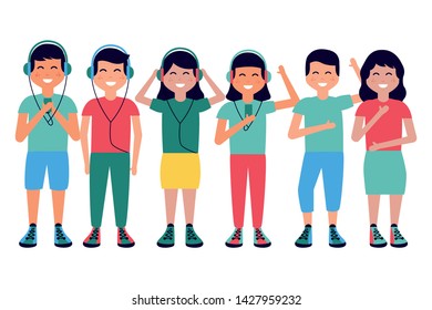 group kids with earphones dancing and listening music vector illustration