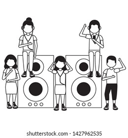 group kids with earphones speaker listening music vector illustration