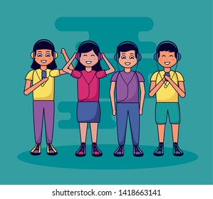group kids with earphones vinyl record listening music vector illustration
