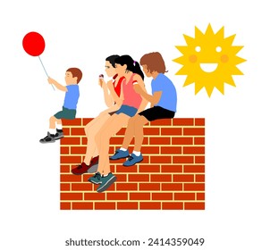 Group of kids eating ice cream vector illustration. Friends enjoying in summer time with candy. Fun near the beach. Happy children together with ice cream. School boy and girls pleasure on brick wall