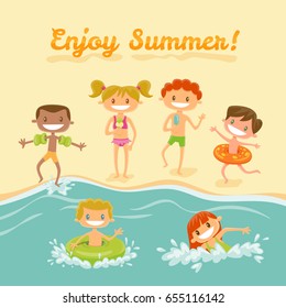 Group of kids enjoying at the beach. Summer time concept. Funny cartoon vector illustration.