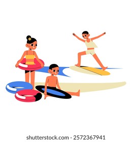 Group Of Kids Enjoying Summer Beach Activities In Flat Vector Illustration Symbolizing Fun, Friendship, And Outdoor Play, Isolated On White Background