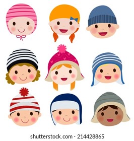 Group of kids face set - winter