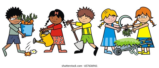 Group of kids, gardening, vector illustration