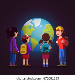 Group Of Kids Girls, Boys Watching Big Earth Terrestrial Globe Model At Geological Science Museum Excursion. School Teen Students With Backpacks On Field Trip Together. Flat Style Vector Illustration.