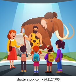 Group of kids girls, boys watching big mammoth & prehistoric primitive caveman on display at anthropology museum. School students on field trip together with teacher. Flat style vector illustration.