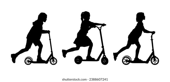 Group of kids girls riding kick and electric scooter black silhouettes set.