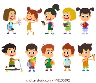 Group of kids going to school together. School kids happy character vector.