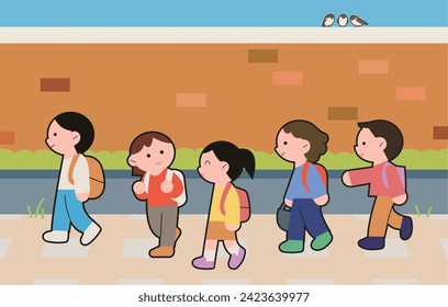 Group of kids are going to school. vector illustration