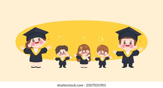 Group of kids in graduation suits with Diploma. Concept illustration of Diploma graduating little for kid. illustration vector premium.