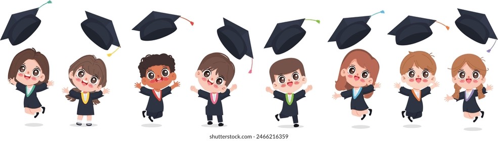 Group of kids in graduation suits jumping and throwing graduation caps on white background