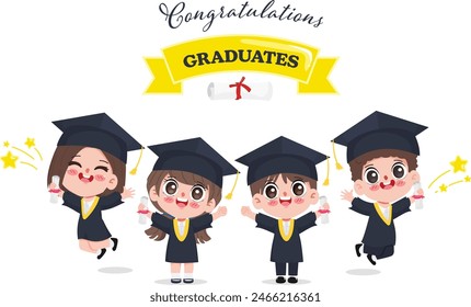 Group of kids in graduation suits jumping and throwing graduation caps on white background