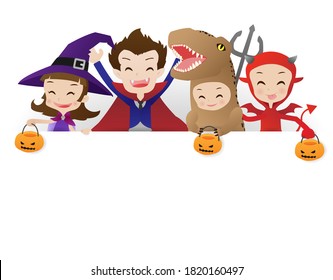 Group of kids in halloween costume with big white blank signboard, Vector illustration