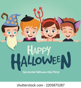 Group of kids in Halloween
costume with Happy Halloween signboard vector illustration