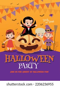 Group of kids in Halloween costume sitting on a giant pumpkin. Halloween party template poster