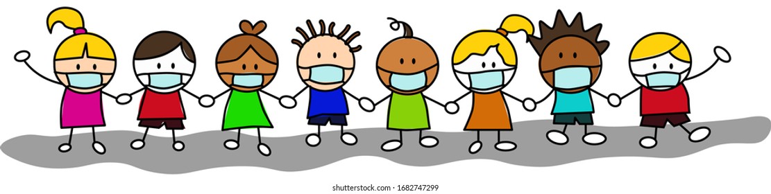 Group of kids hand in hand, wearing masks due to the corona virus pandemic, in cute character vector.