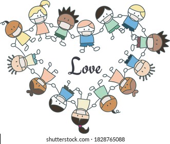 Group of kids hand in hand, wearing masks due to the corona virus pandemic, forming a heart shape, in cute character vector.