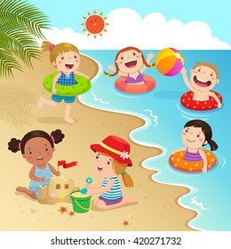 Group of kids having fun on the beach