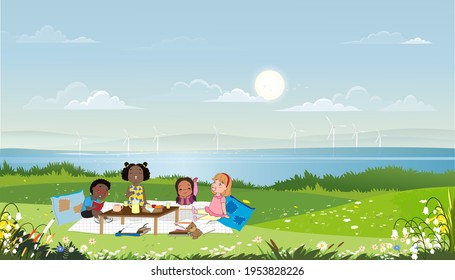 Group of kids having picnic by the lake in sunny day spring or summer,Children sitting on blanket reading and eating snacks. Mixed race kids relaxing outdoor,World book day, Education concept