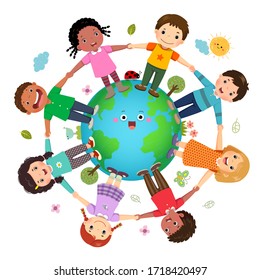 Group of kids holding hands together around the world with World Environment Day concept.