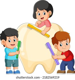 The Group Of Kids Are Holding Toothbrush And Brushing A Big Tooth Of Illustration