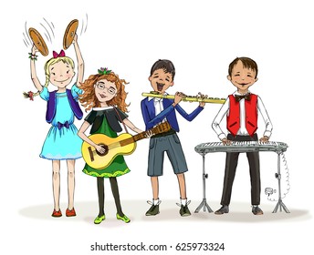 Group of kids, include the boy in the wheelchair, playing different musical instruments during the class lesson. Trumpet, piano, flute, guitar. Educational concept 