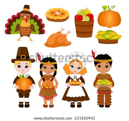 A group of kids - Indians and Pilgrims - sharing food for Thanksgiving