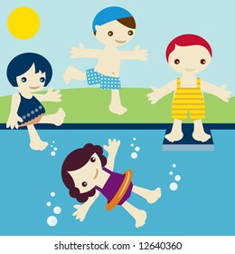 Group of kids join in vacations, jump, swim, rest and fun near a swimming pool