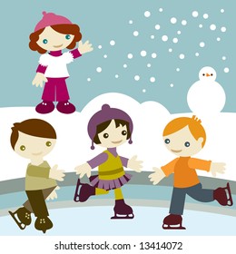 Group of kids join in winter season, playing with snow and snowman and skating in the ice