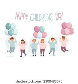 Group of kids jumping, holding balloons and celebrating kids birthday. Happy childrens day concept