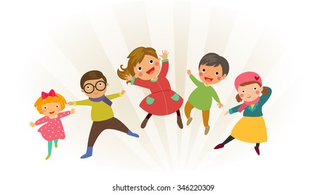 Group of kids jumping with winter clothes