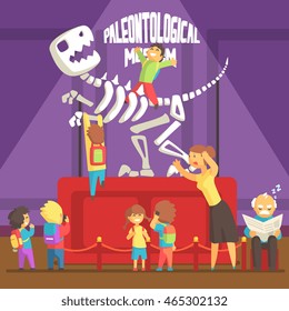 Group Of Kids Making A Mess In Paleontology Museum With T-rex Skeleton