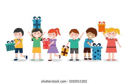 group of kids with nicely wrapped gift boxes