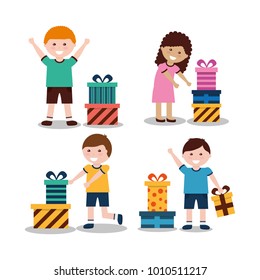 group of kids with nicely wrapped gift boxes