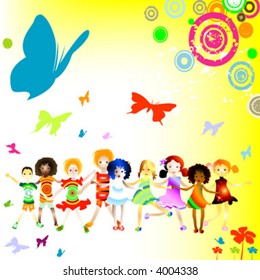 Group of kids on abstract background with flowers and butterflies