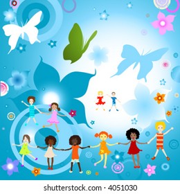 Group of kids on abstract background with flowers and butterflies