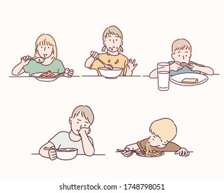 Group of Kids on the dining table. Hand drawn style vector design illustrations.