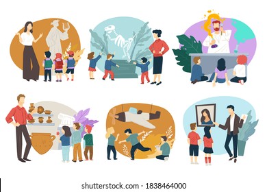 Group of kids on excursion in museums and art galleries. Teachers and guides showing artifacts and artworks. Greek antiquity, military forces, ancient civilizations and chemistry, vector in flat style