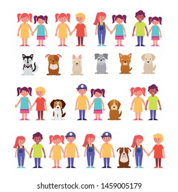 group of kids with pets bundle characters vector illustration design