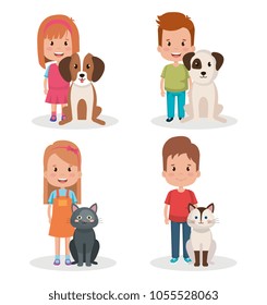 group of kids with pets little characters