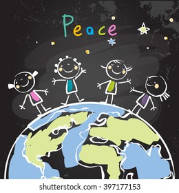 Group of kids, planet. Peace on earth, friendship, conceptual vector illustration. Chalk on blackboard doodle, sketch. 