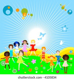 Group of kids playing, abstract background, creative design
