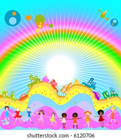 Group of kids playing, cars caravan cars and big rainbow in background