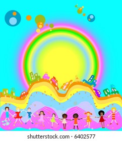 Group of kids playing, cars caravan cars and big rainbow in background